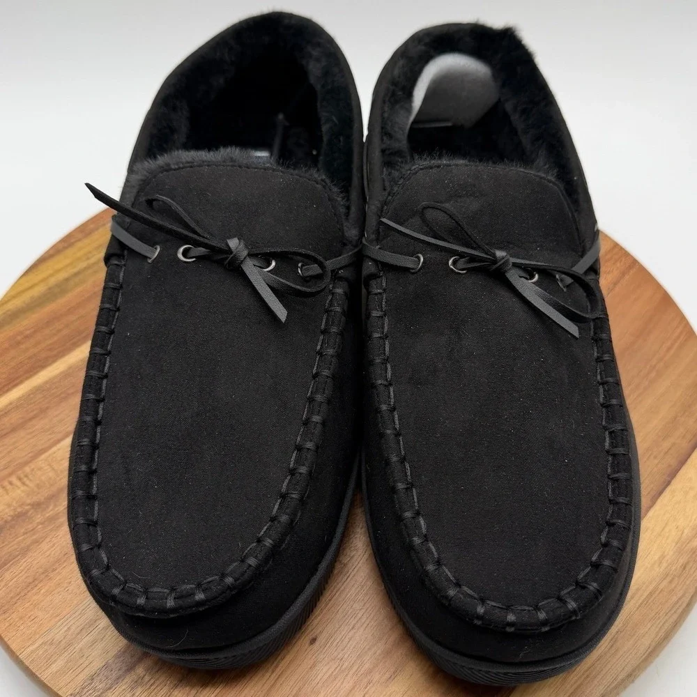 Club Room Men's 12-13 XL Black Moccasin Faux Fur Lined Indoor Outdoor 0693
